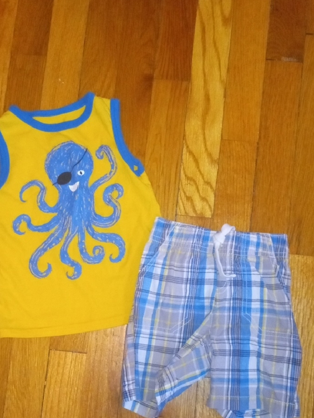 Yellow Octopus Tank Top & Blue Plaid Shorts Set boys 2t